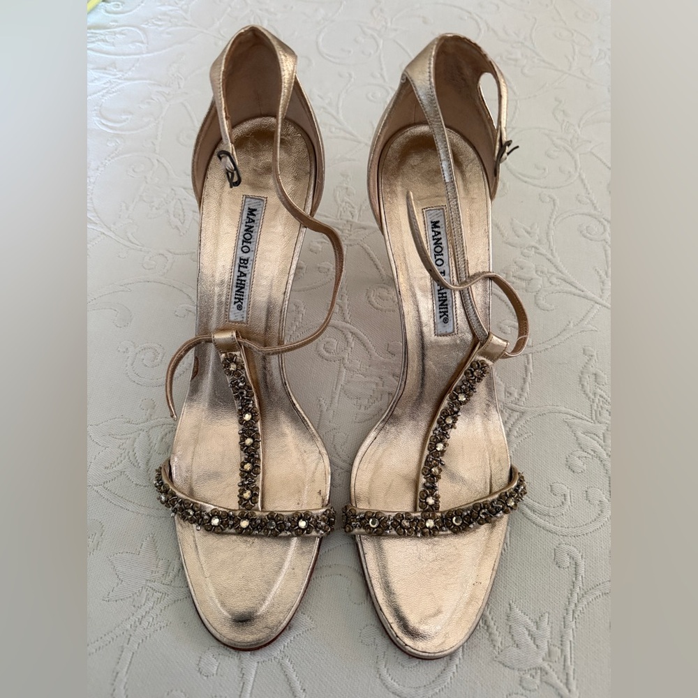 Manolo Blahnik Gold Strappy Heels with Gold Crystal Embellishments - size 42